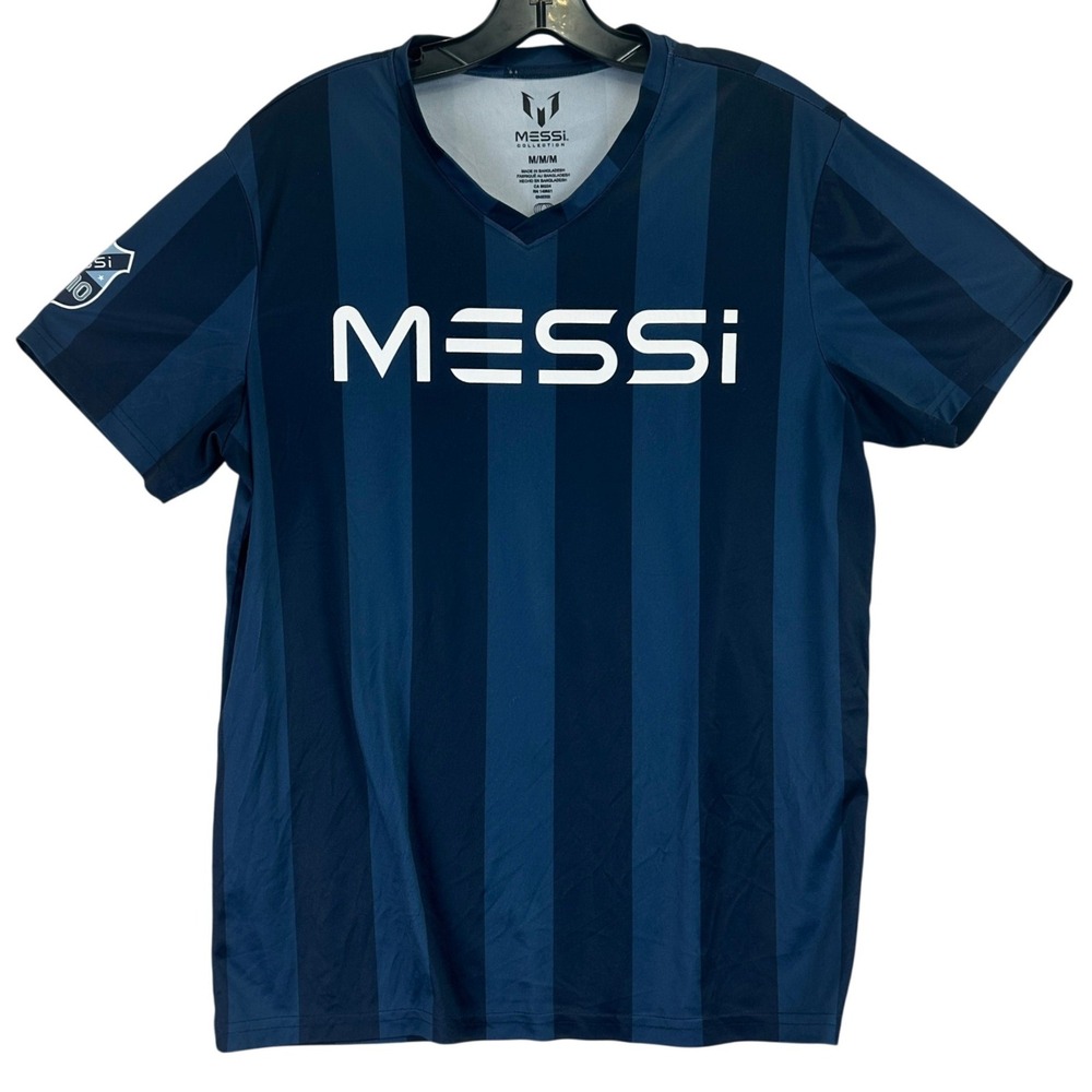 Messi Collection Soccer Jersey Mens M Blue Striped Graphic Sporty Athleisure